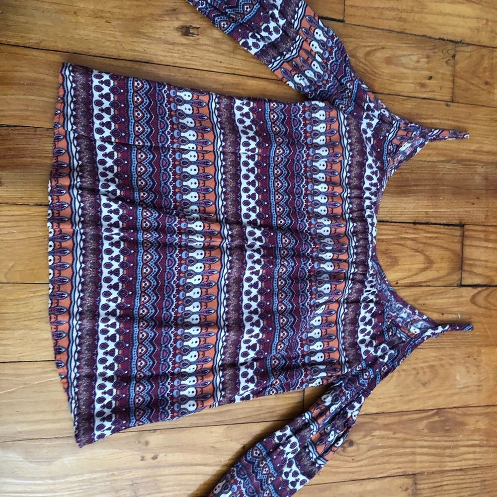 Tribal print blouse with off the shoulder sleeves
